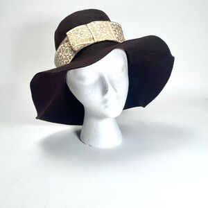 Vintage 1960s Belvedere Brown Wide Brim Wool Hat Floppy Hippy Boho Brocade Band